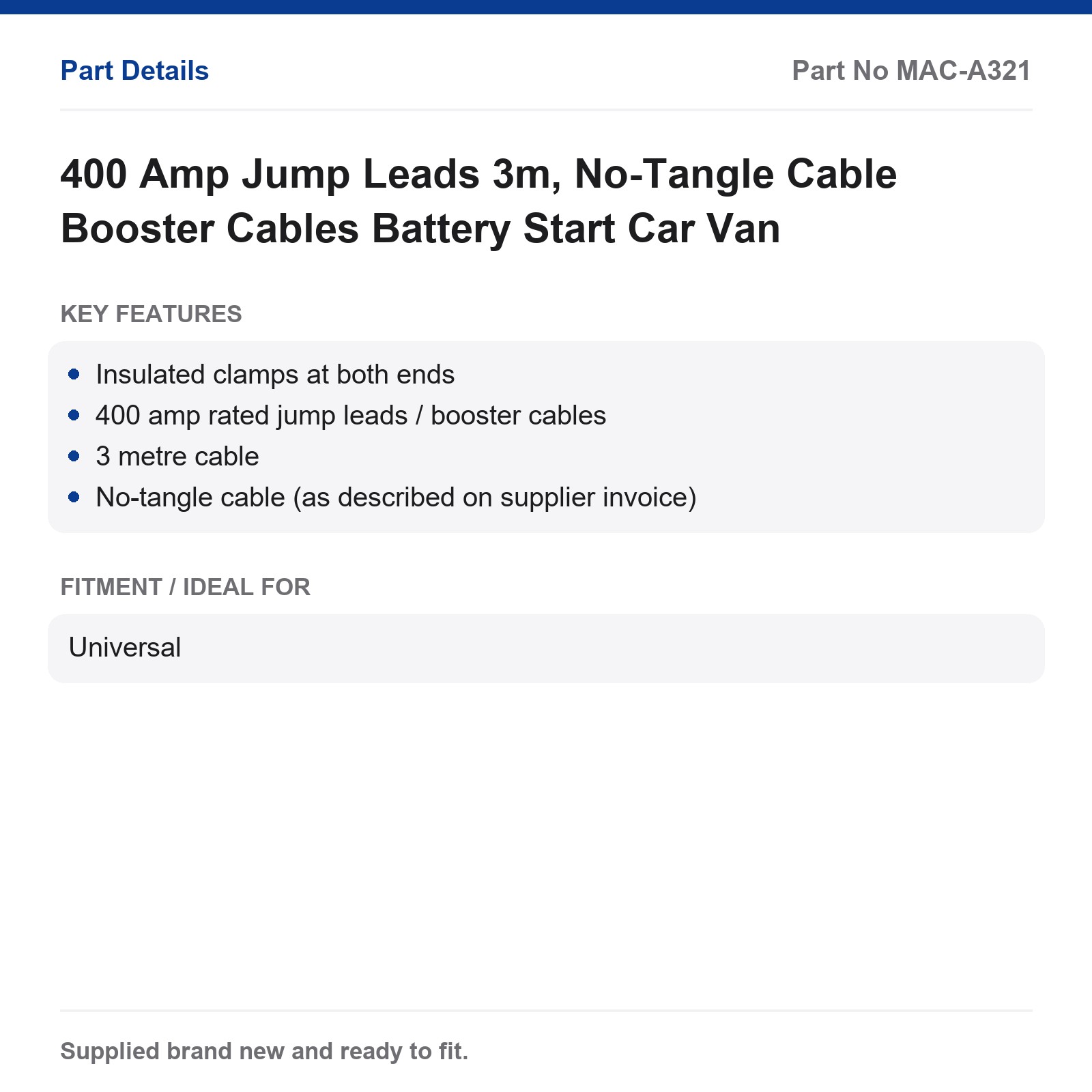 400 Amp Jump Leads 3m, No-Tangle Cable Booster Cables Battery Start Car Van