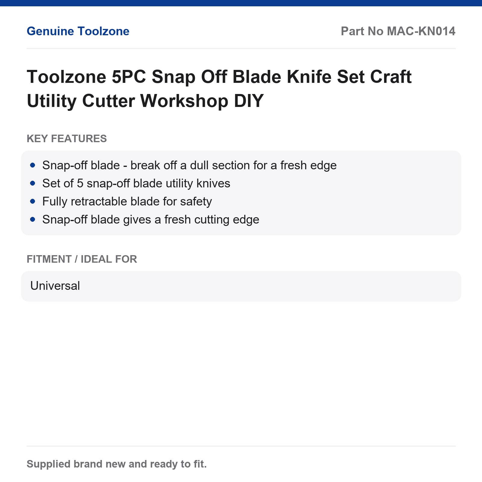Toolzone 5PC Snap Off Blade Knife Set Craft Utility Cutter Workshop DIY