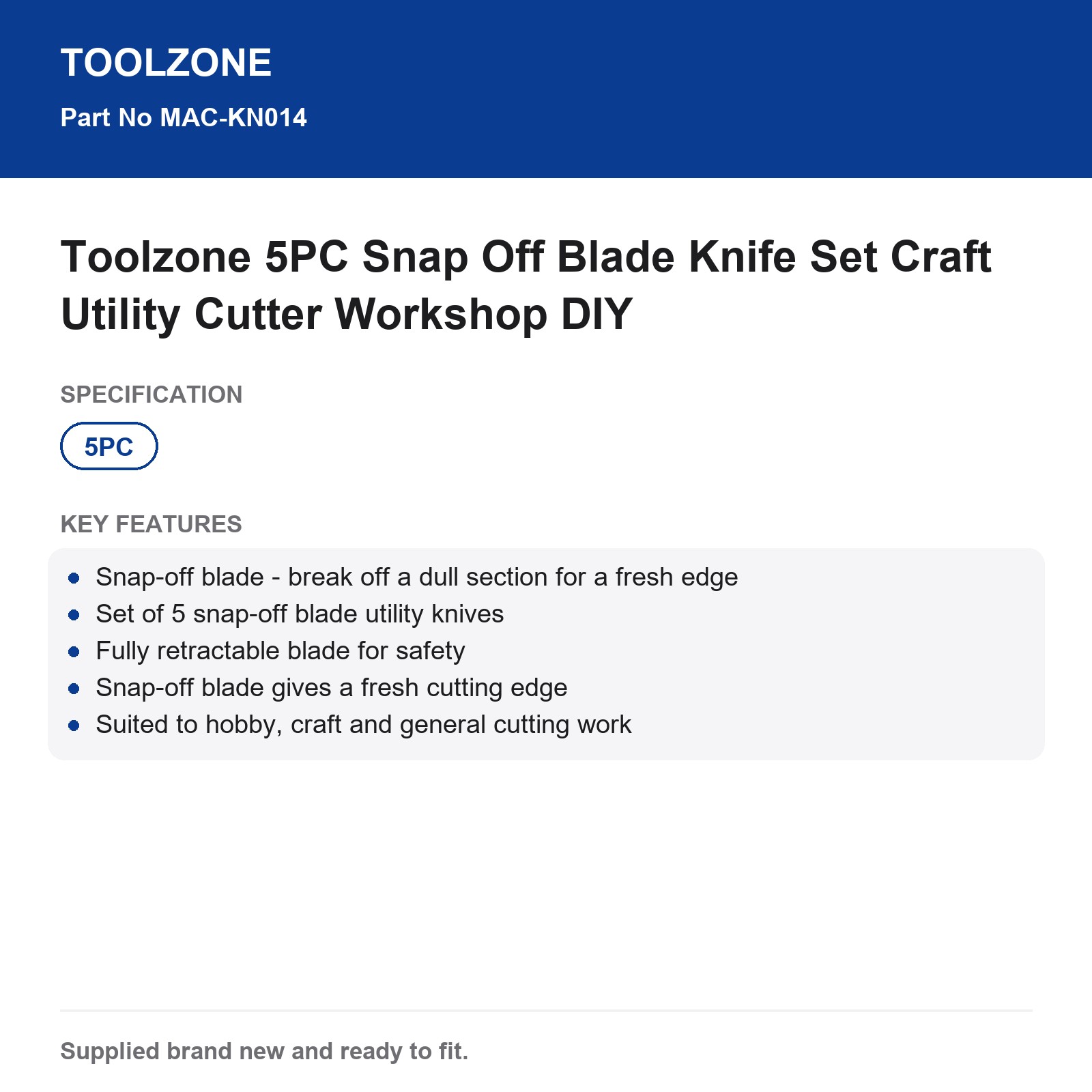 Toolzone 5PC Snap Off Blade Knife Set Craft Utility Cutter Workshop DIY