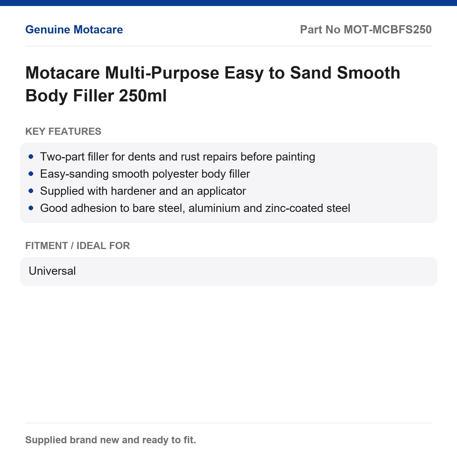 Motacare Multi-Purpose Easy to Sand Smooth Body Filler 250ml