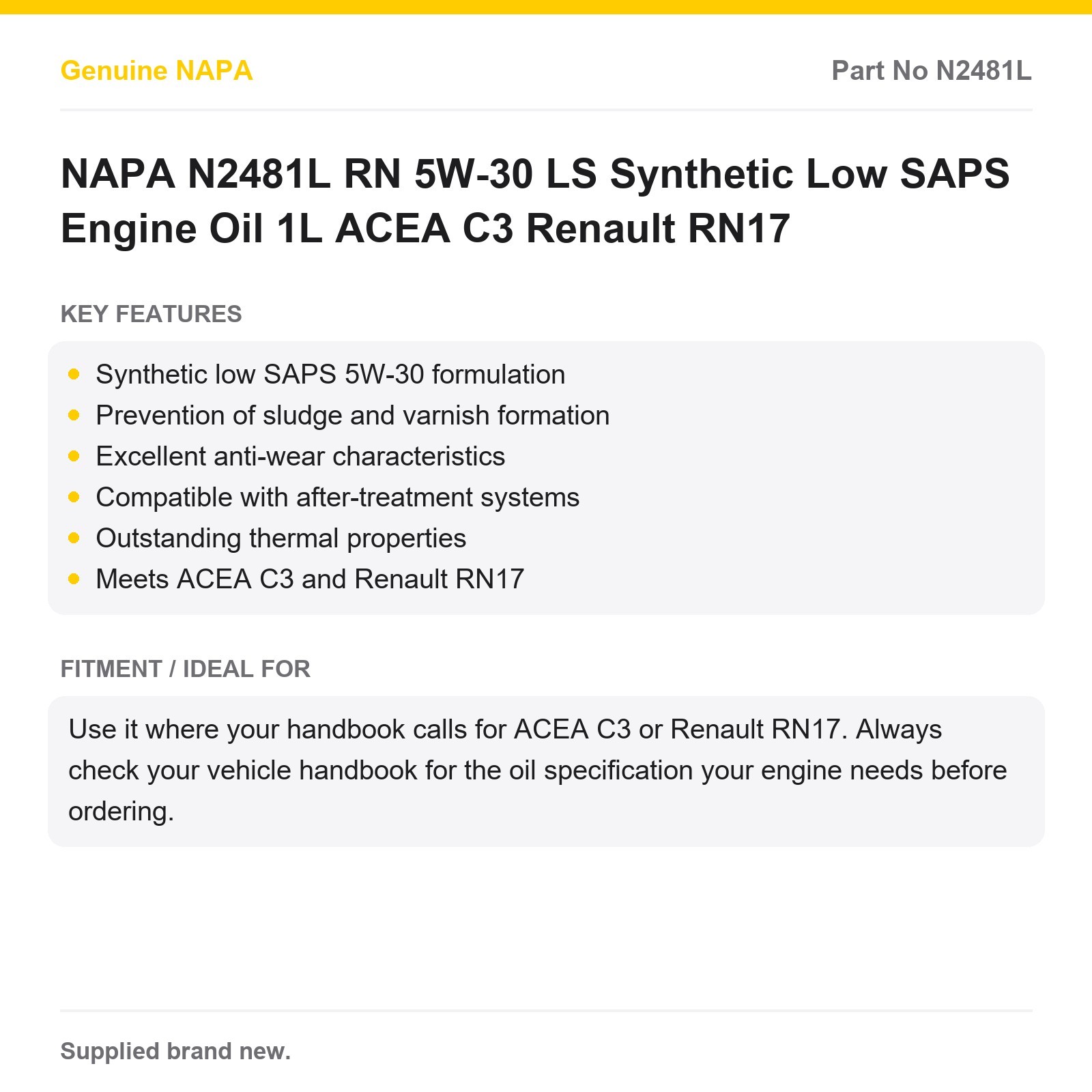 NAPA N2481L RN 5W-30 LS Synthetic Low SAPS Engine Oil 1L ACEA C3 Renault RN17
