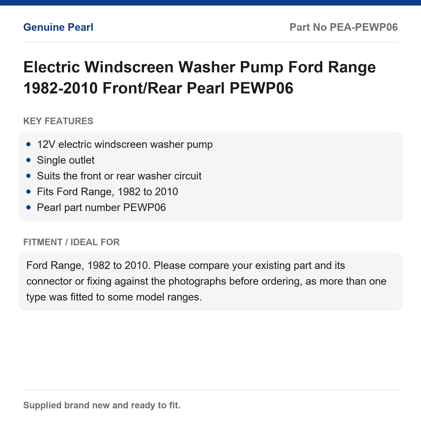 Electric Windscreen Washer Pump Ford Range 1982-2010 Front/Rear Pearl PEWP06