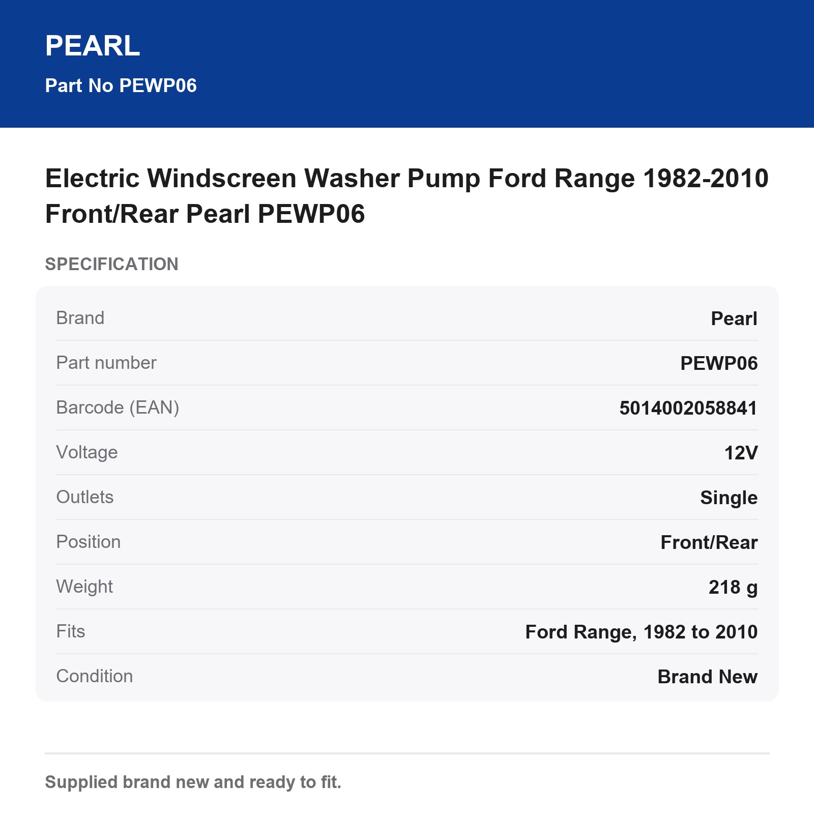 Electric Windscreen Washer Pump Ford Range 1982-2010 Front/Rear Pearl PEWP06