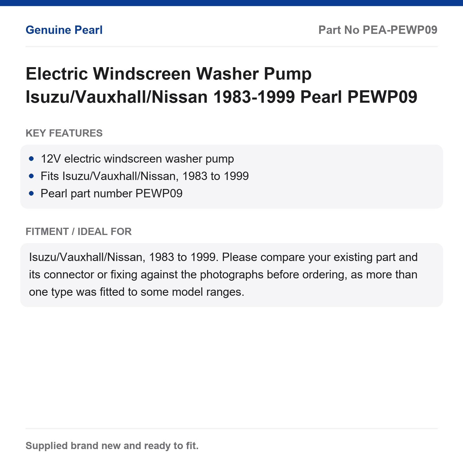Electric Windscreen Washer Pump Isuzu/Vauxhall/Nissan 1983-1999 Pearl PEWP09