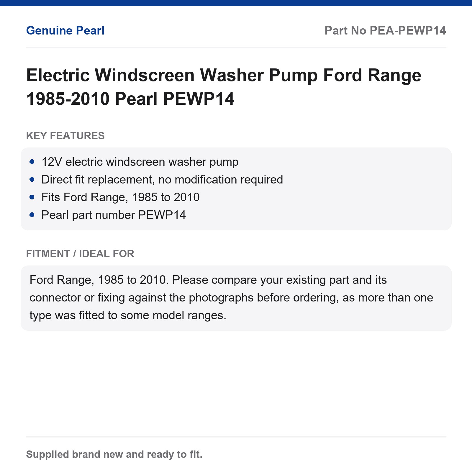Electric Windscreen Washer Pump Ford Range 1985-2010 Pearl PEWP14