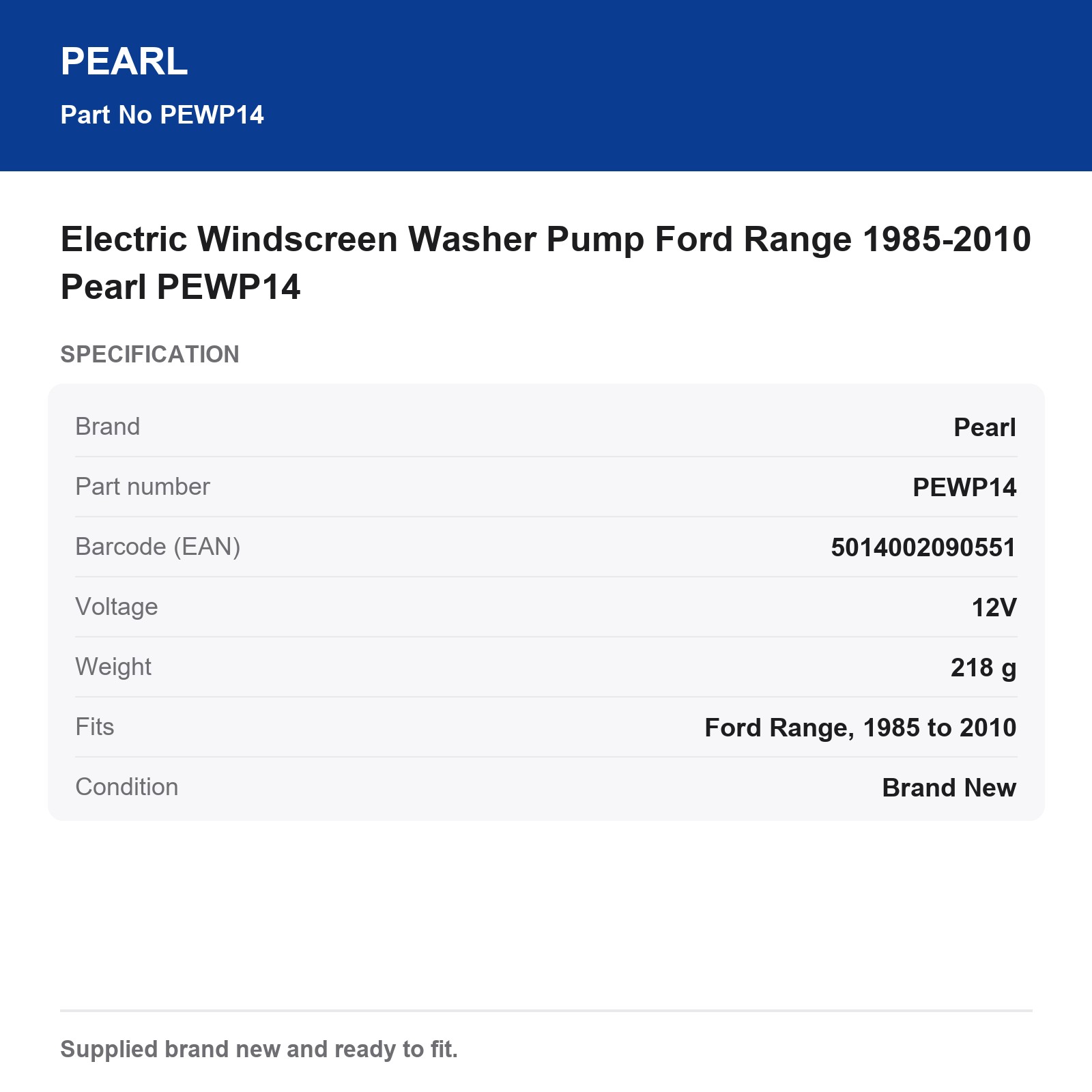 Electric Windscreen Washer Pump Ford Range 1985-2010 Pearl PEWP14