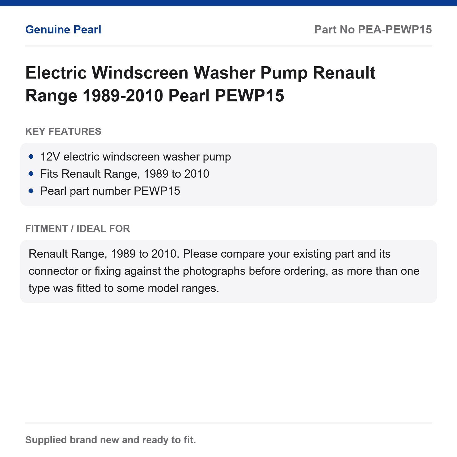 Electric Windscreen Washer Pump Renault Range 1989-2010 Pearl PEWP15