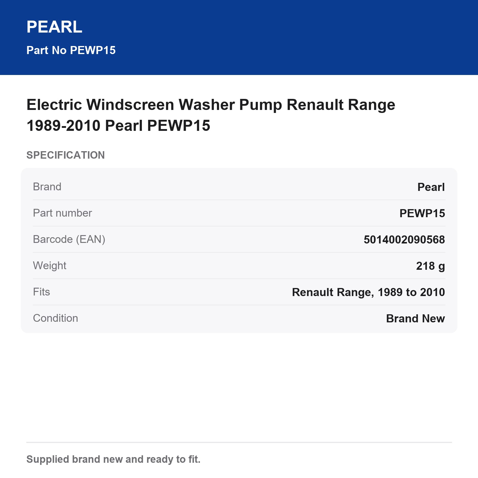 Electric Windscreen Washer Pump Renault Range 1989-2010 Pearl PEWP15