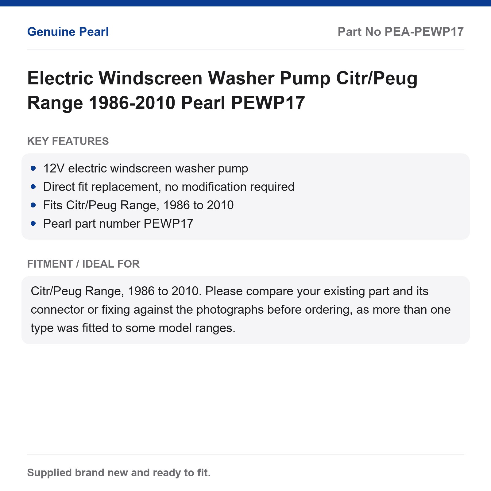 Electric Windscreen Washer Pump Citr/Peug Range 1986-2010 Pearl PEWP17