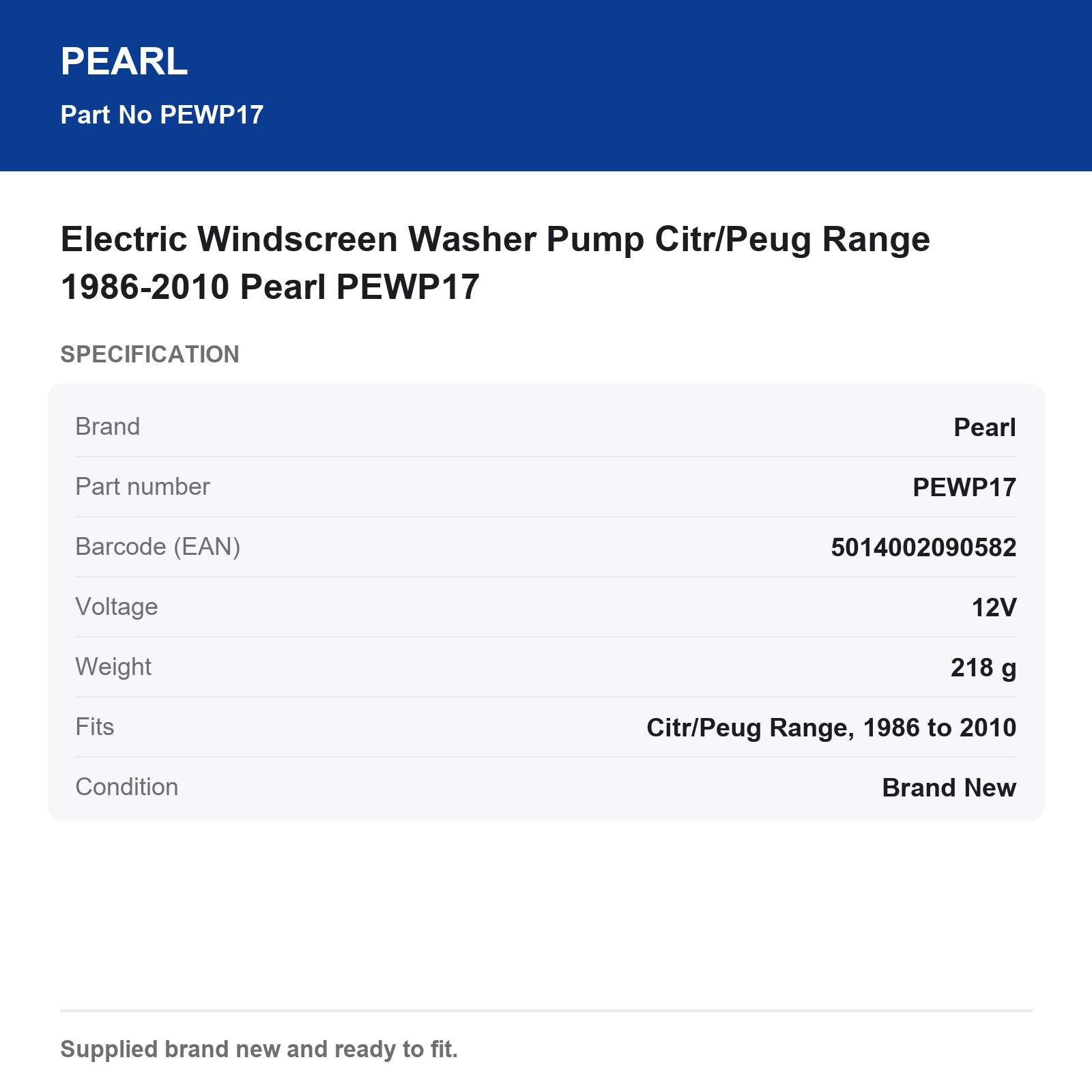 Electric Windscreen Washer Pump Citr/Peug Range 1986-2010 Pearl PEWP17