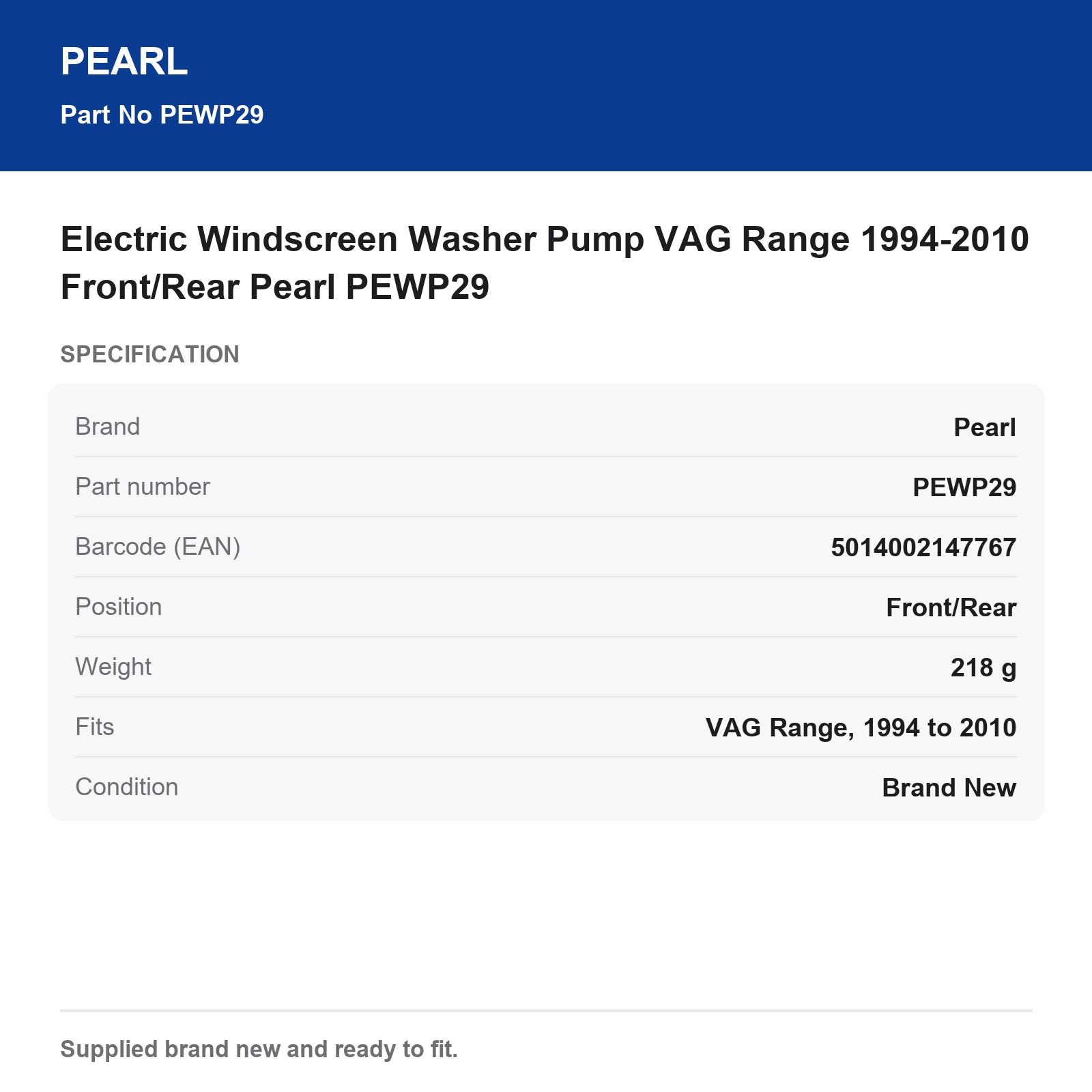 Electric Windscreen Washer Pump VAG Range 1994-2010 Front/Rear Pearl PEWP29