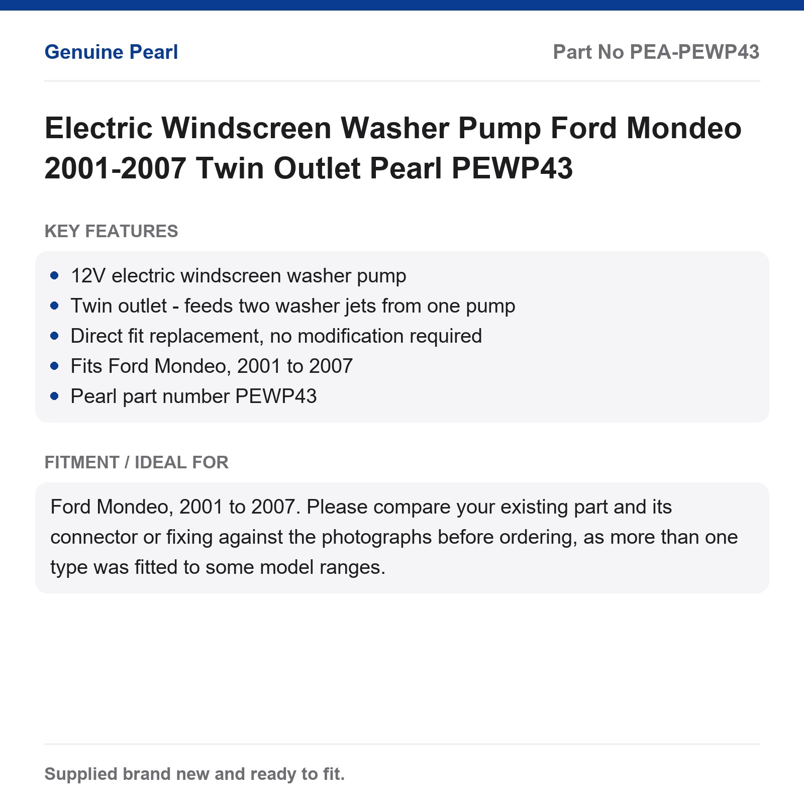 Electric Windscreen Washer Pump Ford Mondeo 2001-2007 Twin Outlet Pearl PEWP43