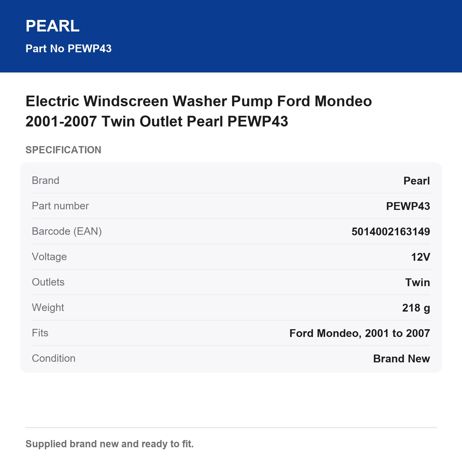 Electric Windscreen Washer Pump Ford Mondeo 2001-2007 Twin Outlet Pearl PEWP43