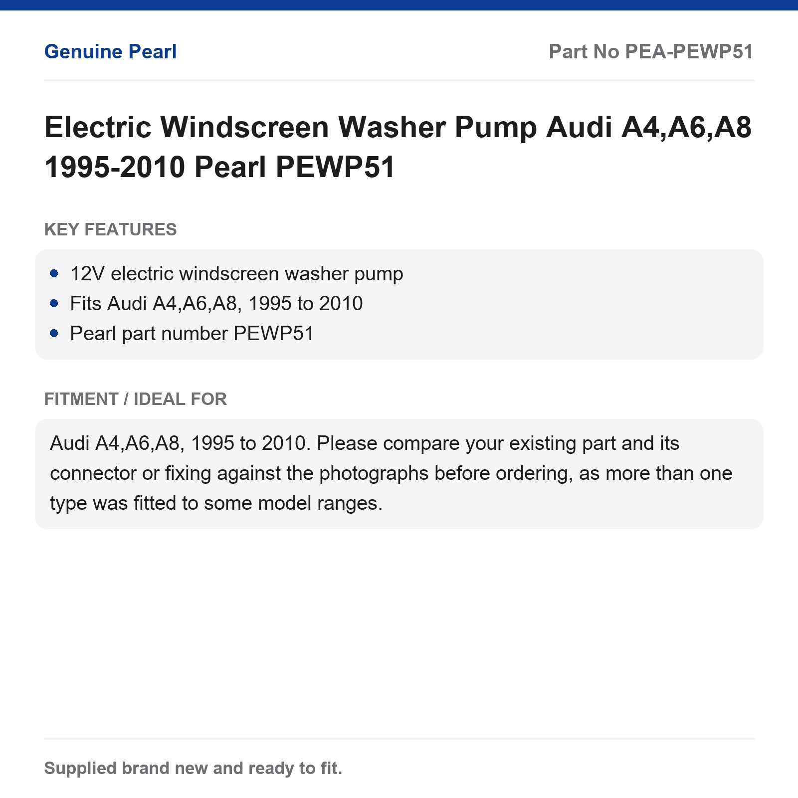 Electric Windscreen Washer Pump Audi A4,A6,A8 1995-2010 Pearl PEWP51
