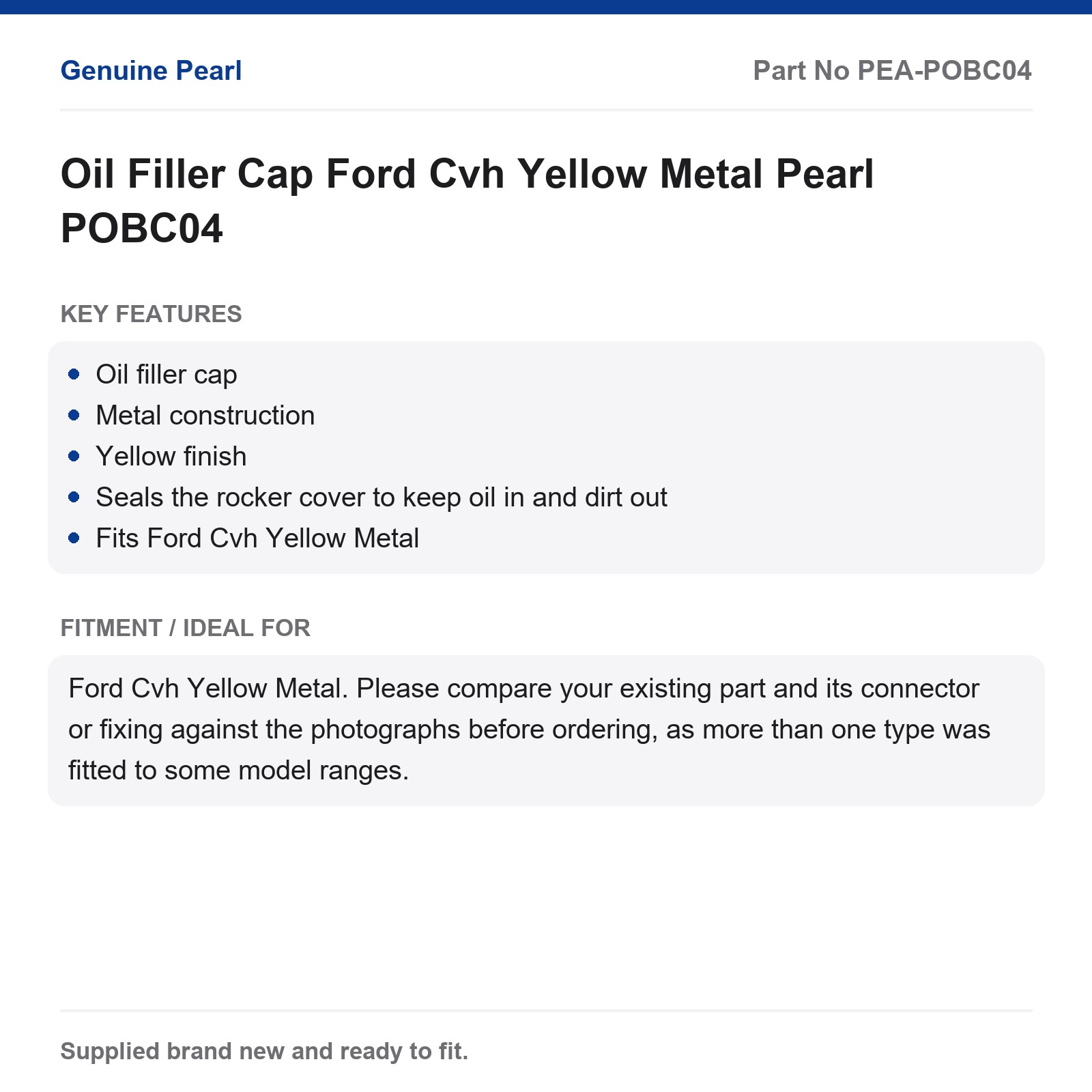 Oil Filler Cap Ford Cvh Yellow Metal Pearl POBC04