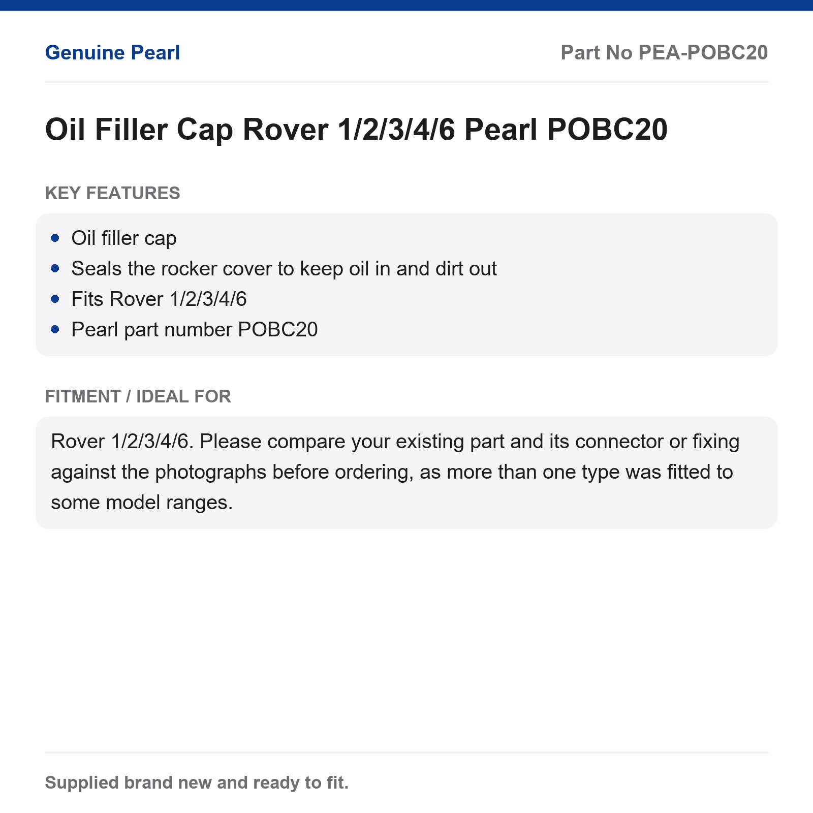 Oil Filler Cap Rover 1/2/3/4/6 Pearl POBC20