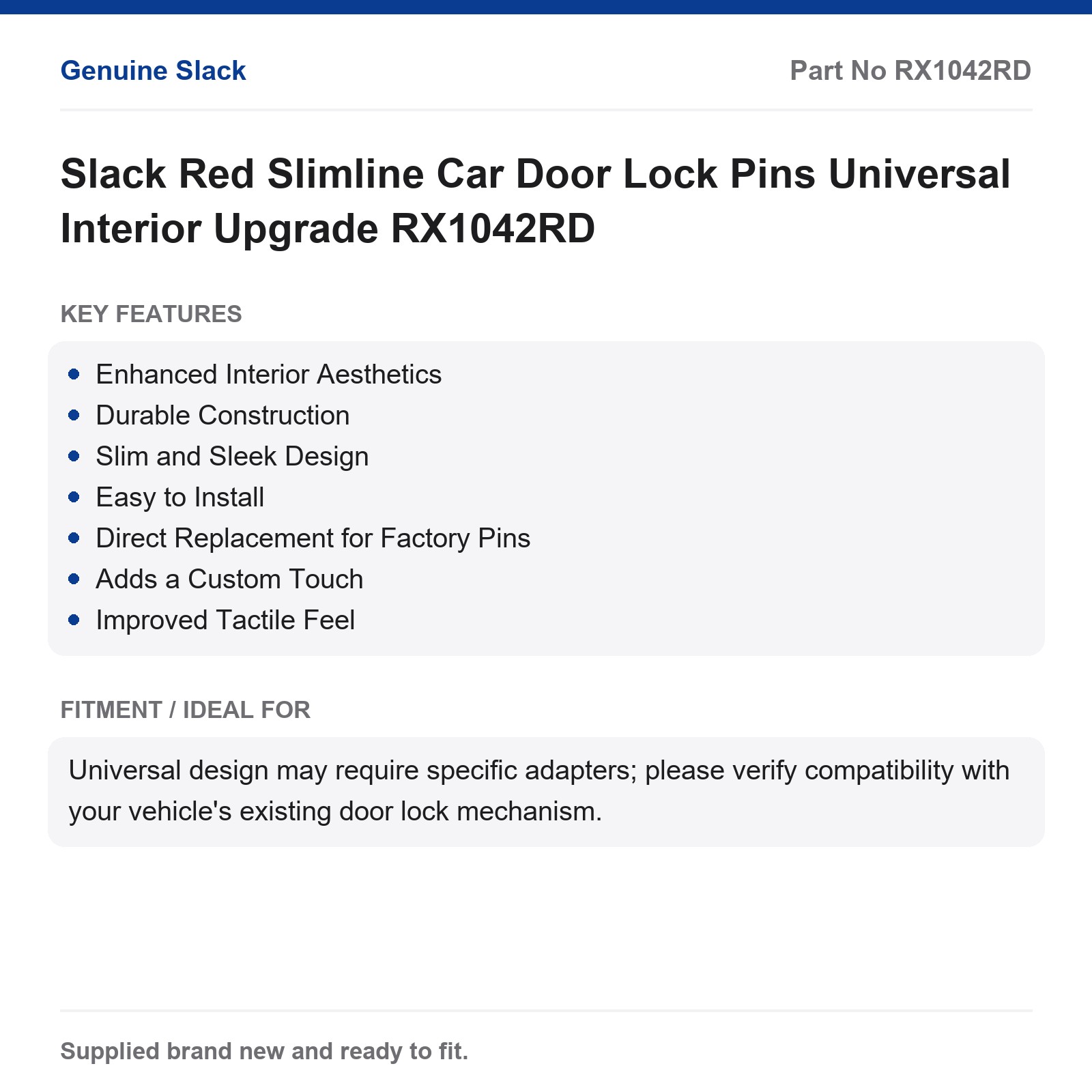 Slack Red Slimline Car Door Lock Pins Universal Interior Upgrade RX1042RD