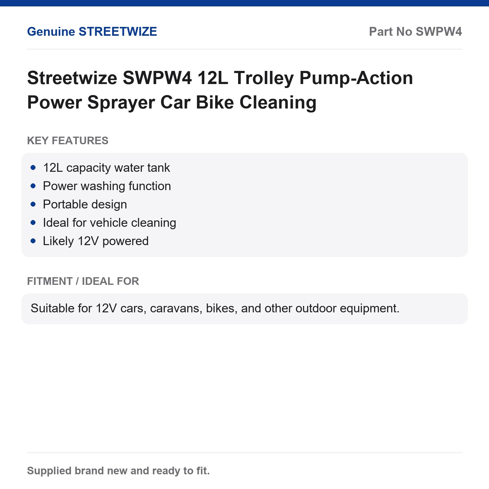 12L Power Washer Streetwize SWPW4 Trolley Pump-Action Car Bike Cleaning