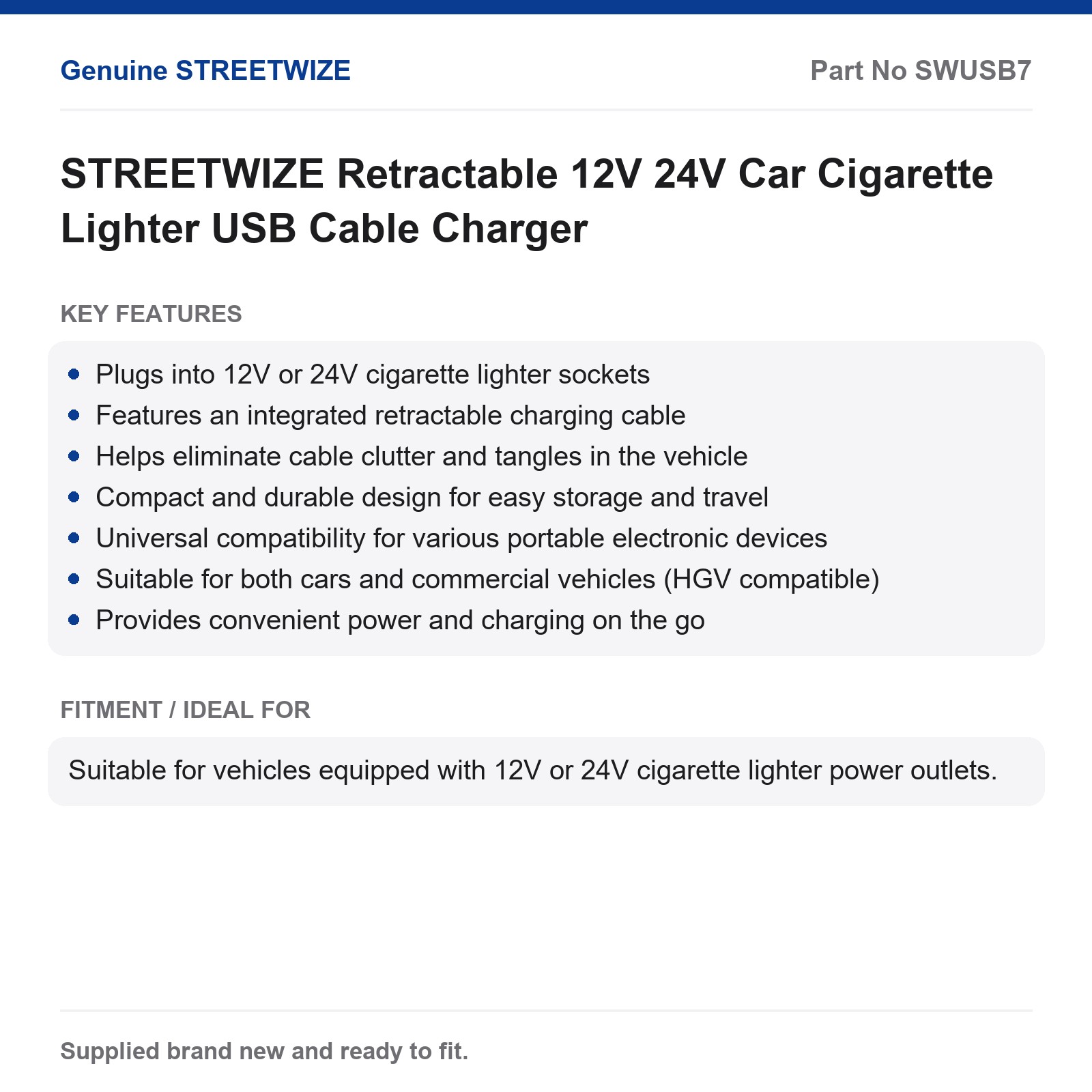 Car Cigarette Lighter Charger Cable 12V 24V Retractable STREETWIZE