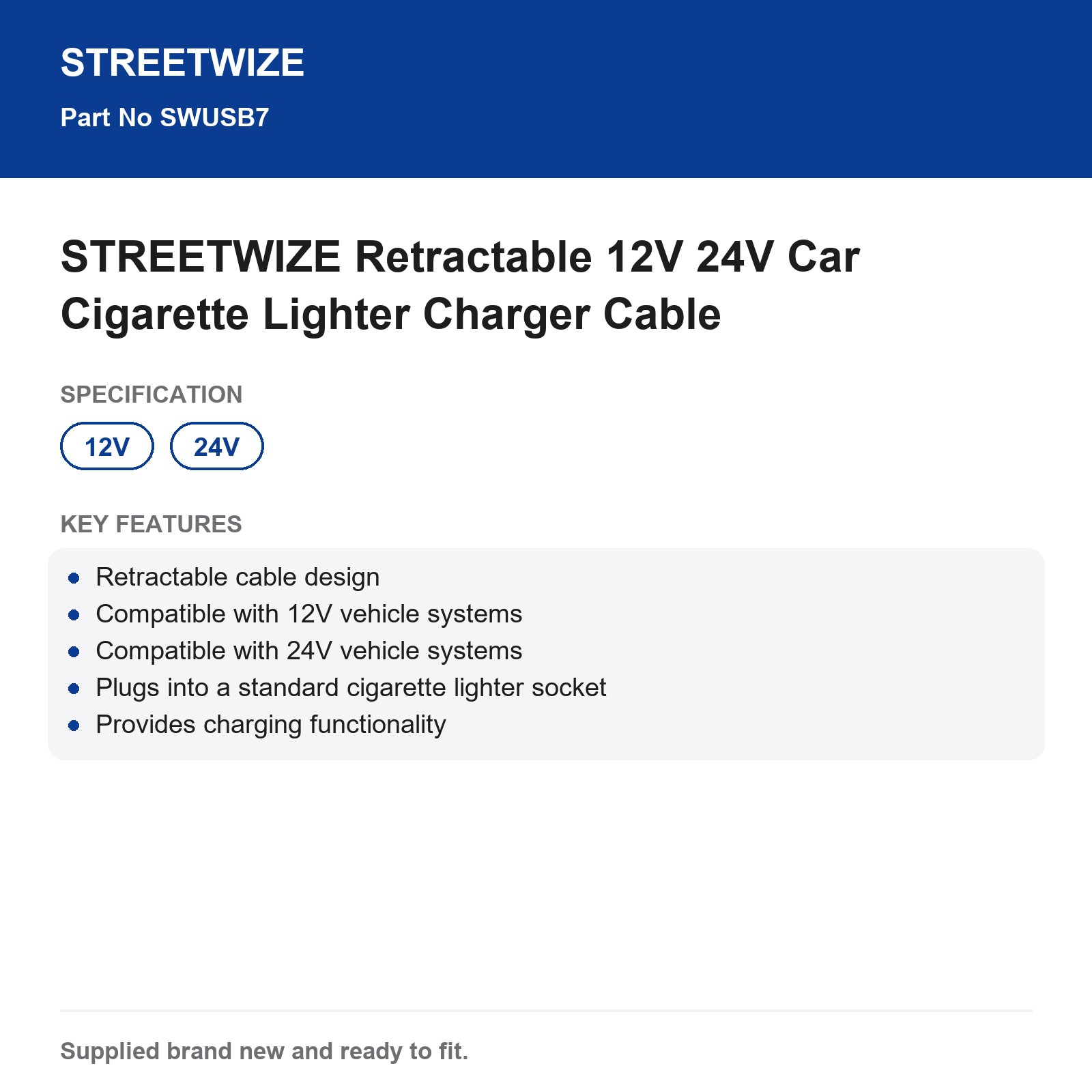 Car Cigarette Lighter Charger Cable 12V 24V Retractable STREETWIZE