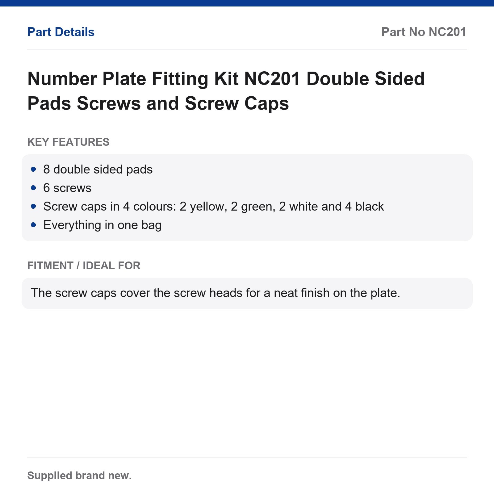 Number Plate Fitting Kit NC201 Double Sided Pads Screws and Screw Caps