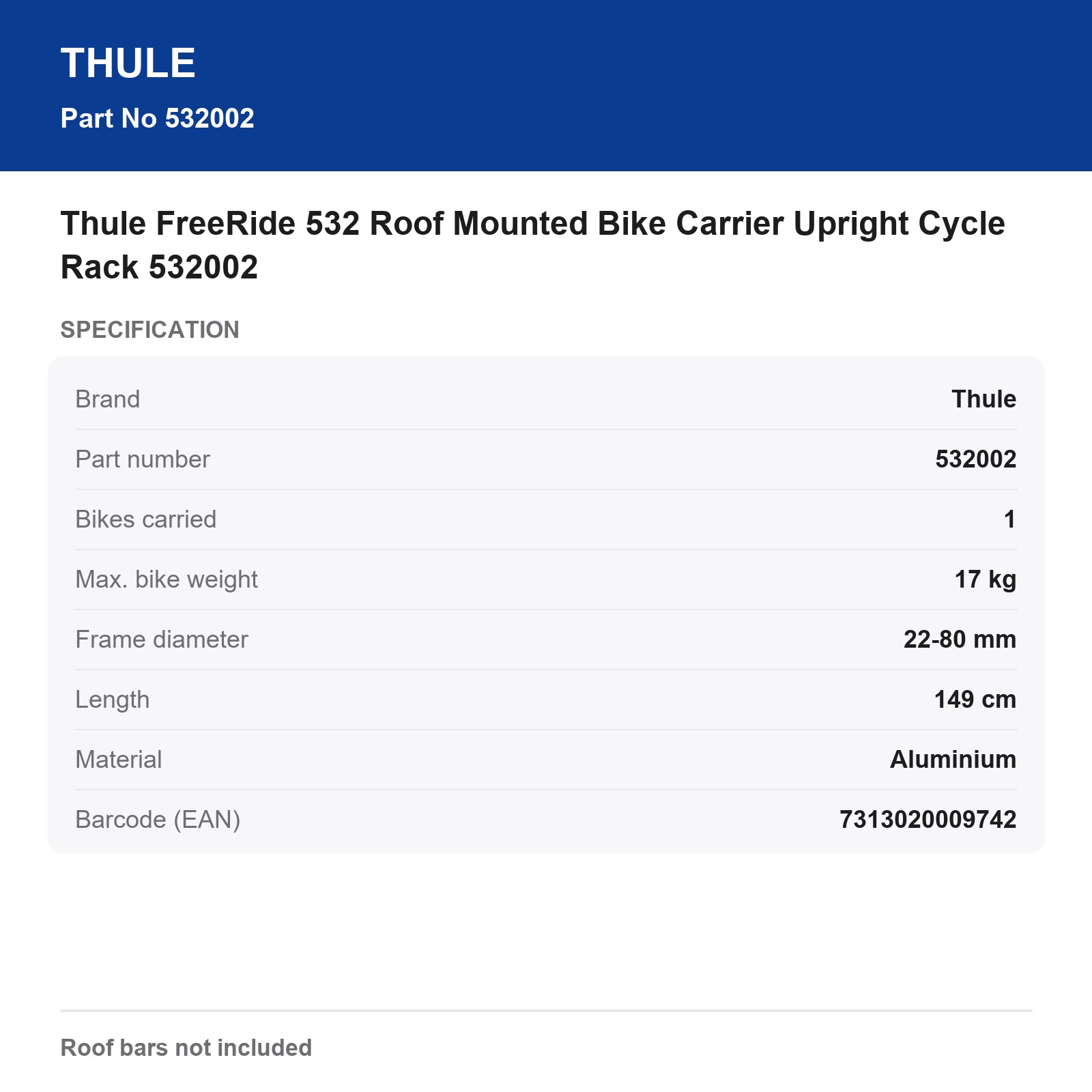 Thule FreeRide 532 Roof Mounted Bike Carrier Upright Cycle Rack 532002