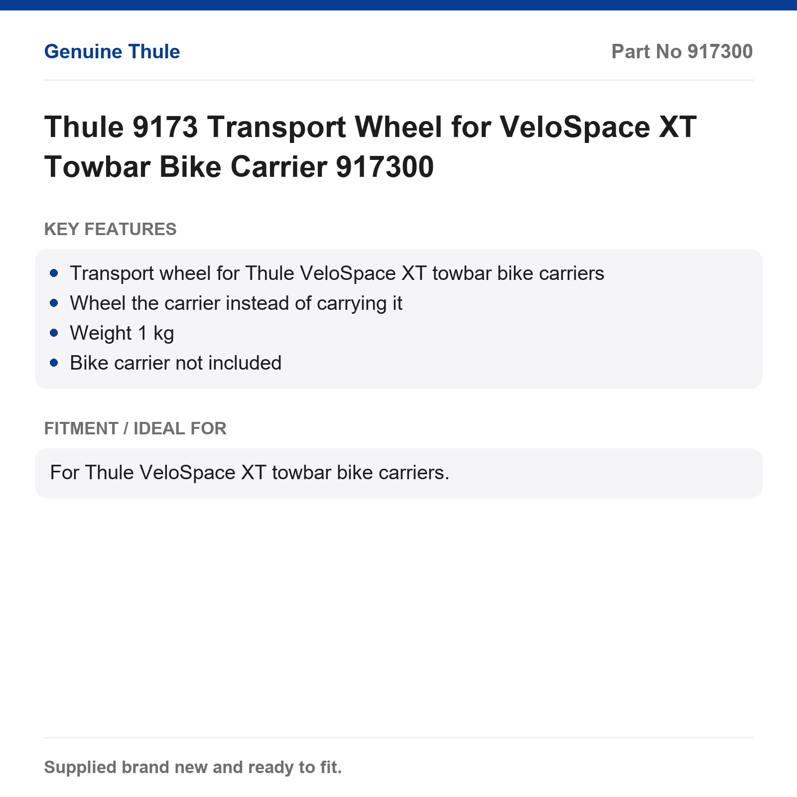 Thule 9173 Transport Wheel for VeloSpace XT Towbar Bike Carrier 917300