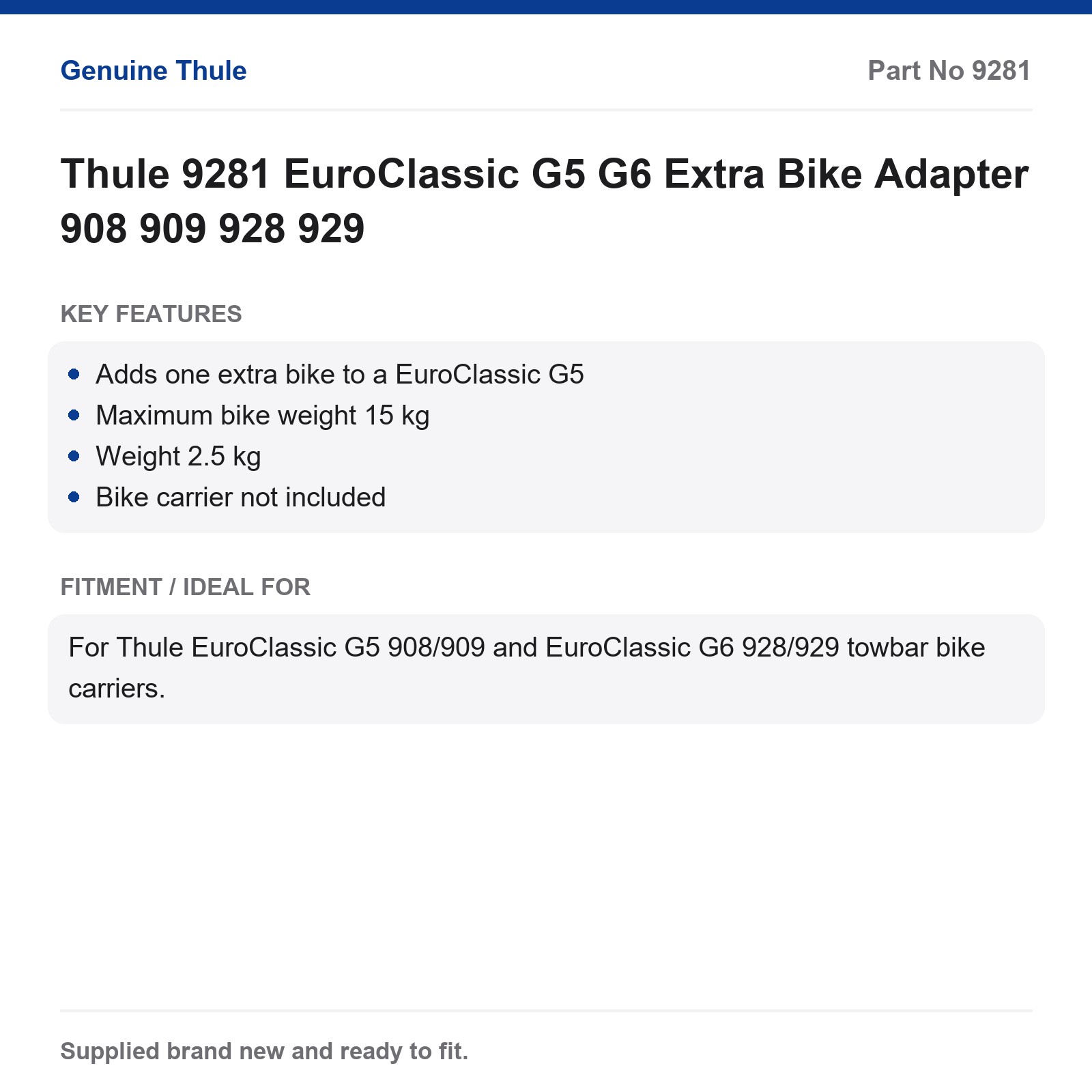 Thule 9281 EuroClassic G5 G6 Extra Bike Adapter 908 909 928 929
