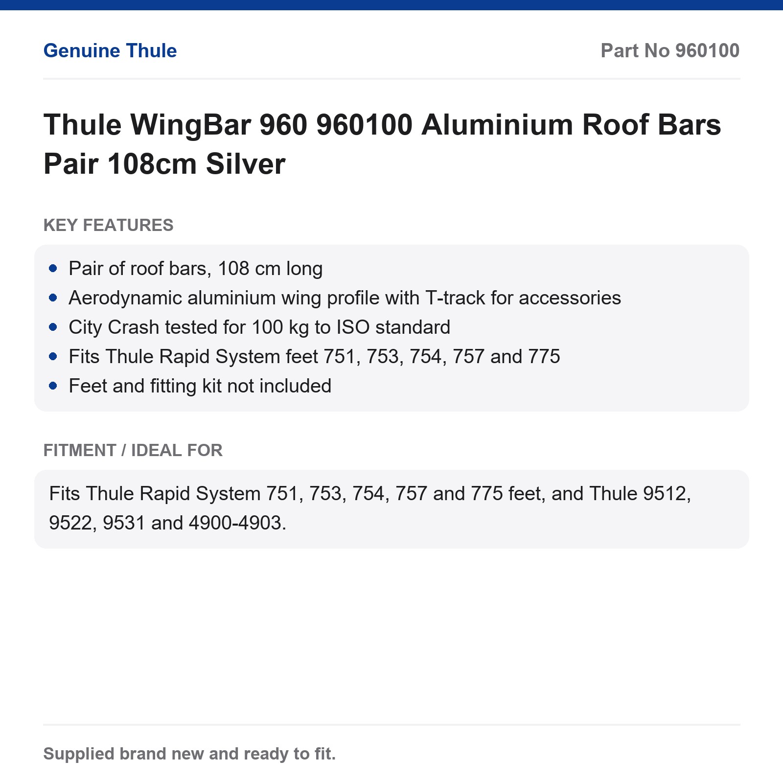 Thule WingBar 960 960100 Aluminium Roof Bars Pair 108cm Silver