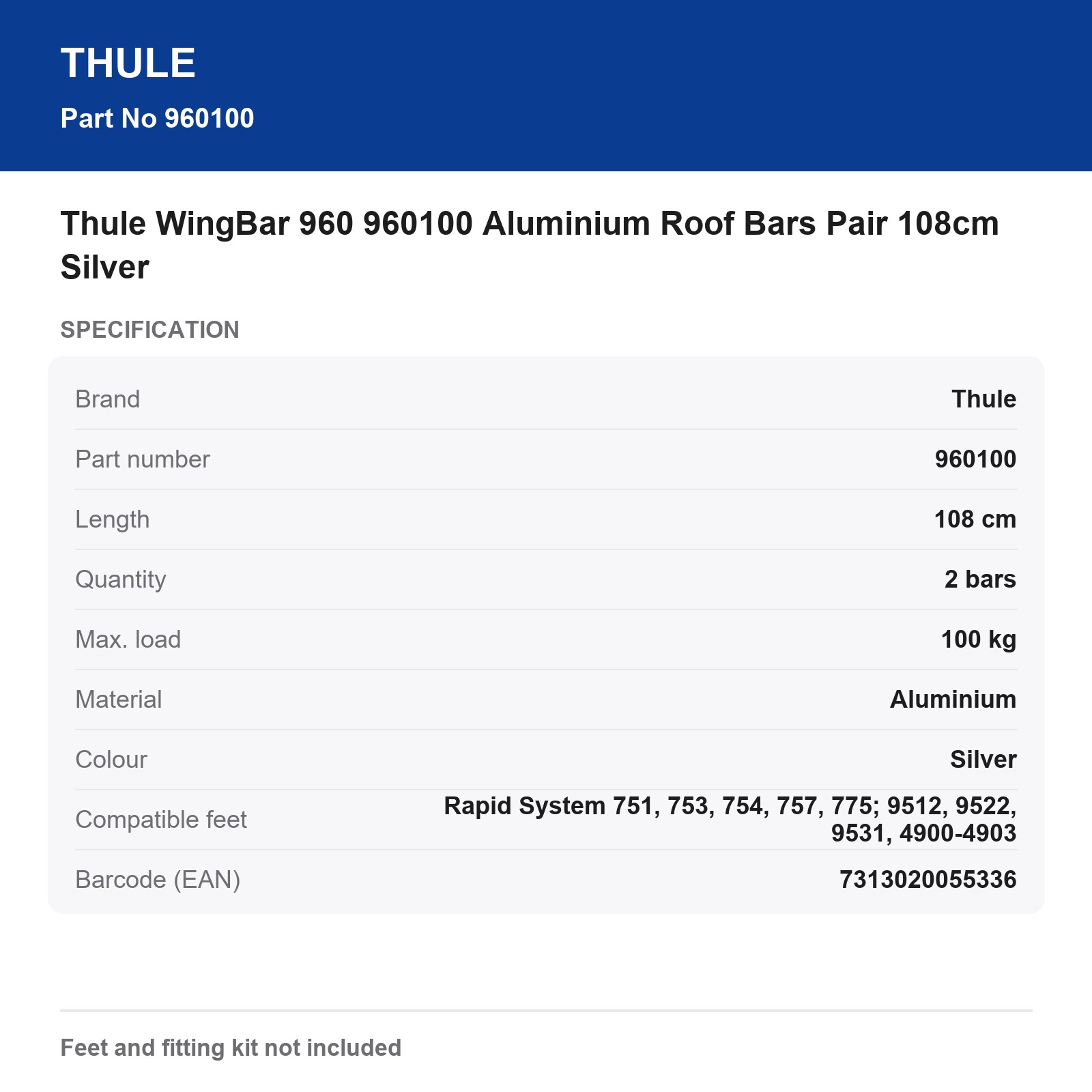 Thule WingBar 960 960100 Aluminium Roof Bars Pair 108cm Silver