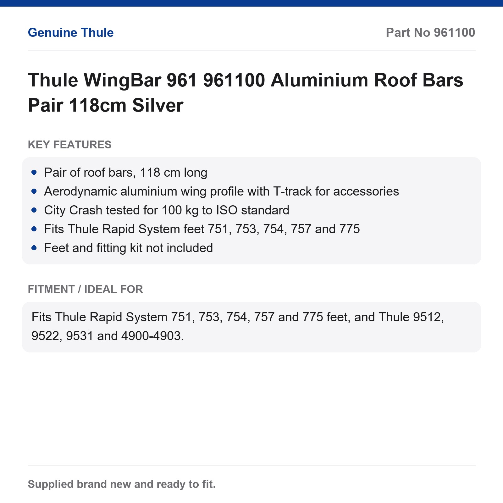 Thule WingBar 961 961100 Aluminium Roof Bars Pair 118cm Silver