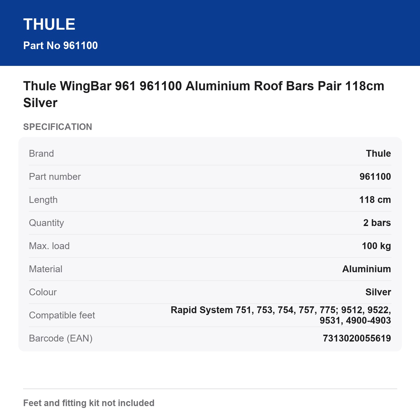 Thule WingBar 961 961100 Aluminium Roof Bars Pair 118cm Silver
