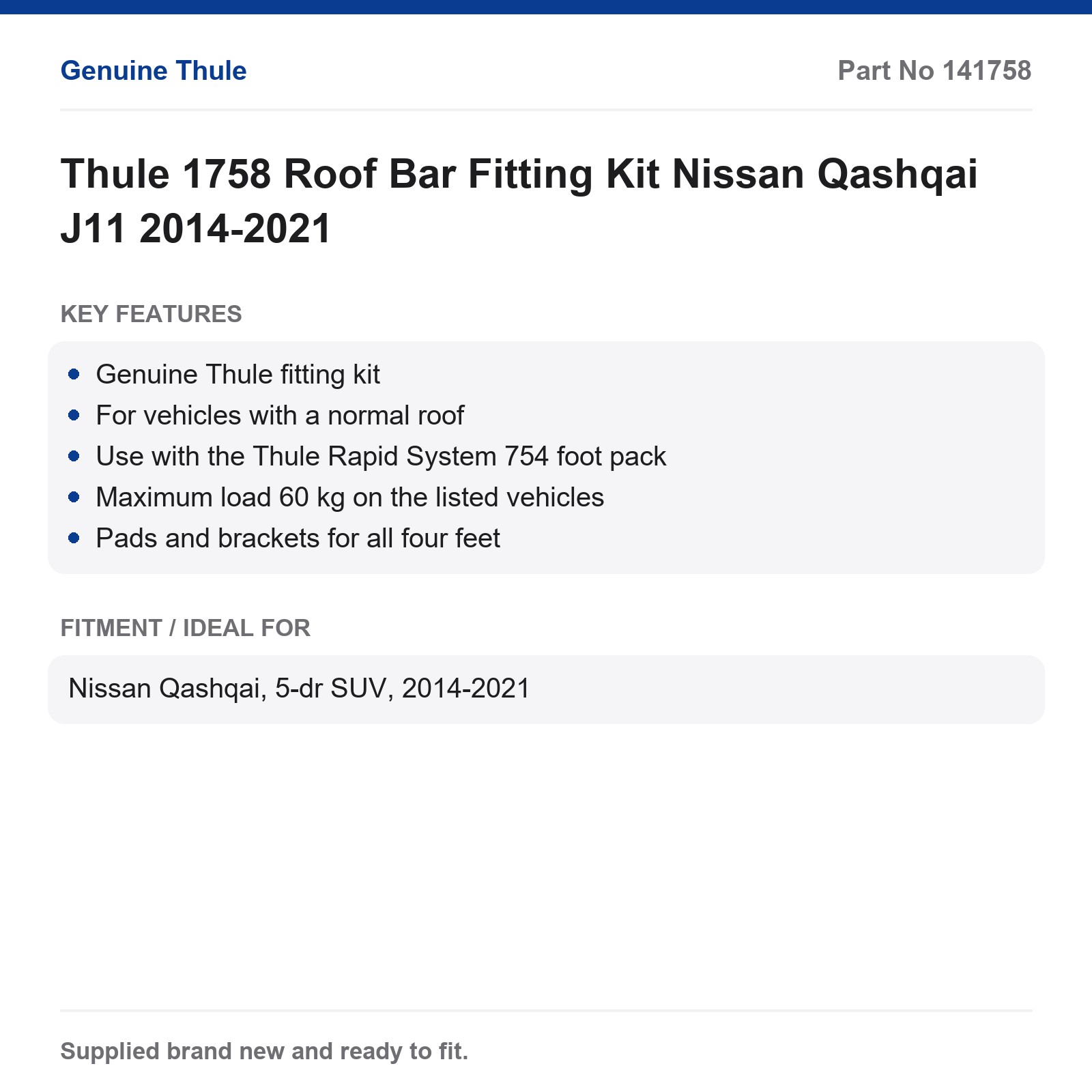 Thule 1758 Roof Bar Fitting Kit Nissan Qashqai J11 2014-2021