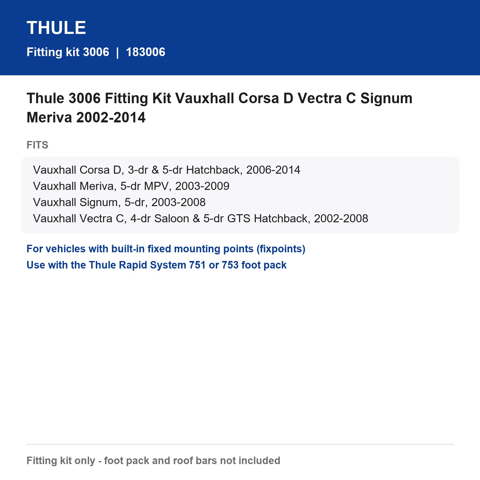 Thule 3006 Fitting Kit Vauxhall Corsa D Vectra C Signum Meriva 2002-2014
