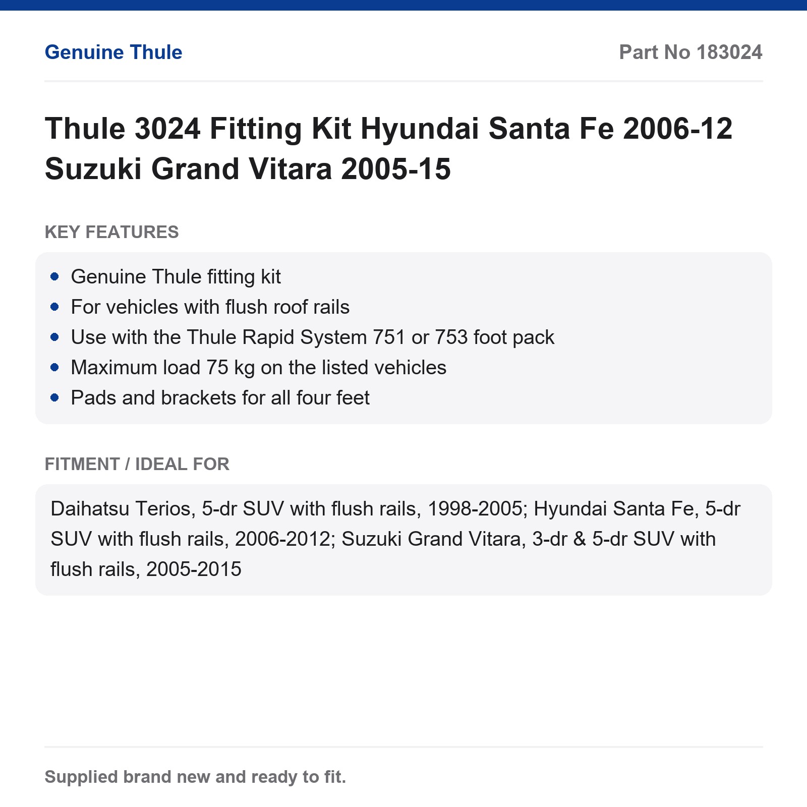 Thule 3024 Fitting Kit Hyundai Santa Fe 2006-12 Suzuki Grand Vitara 2005-15