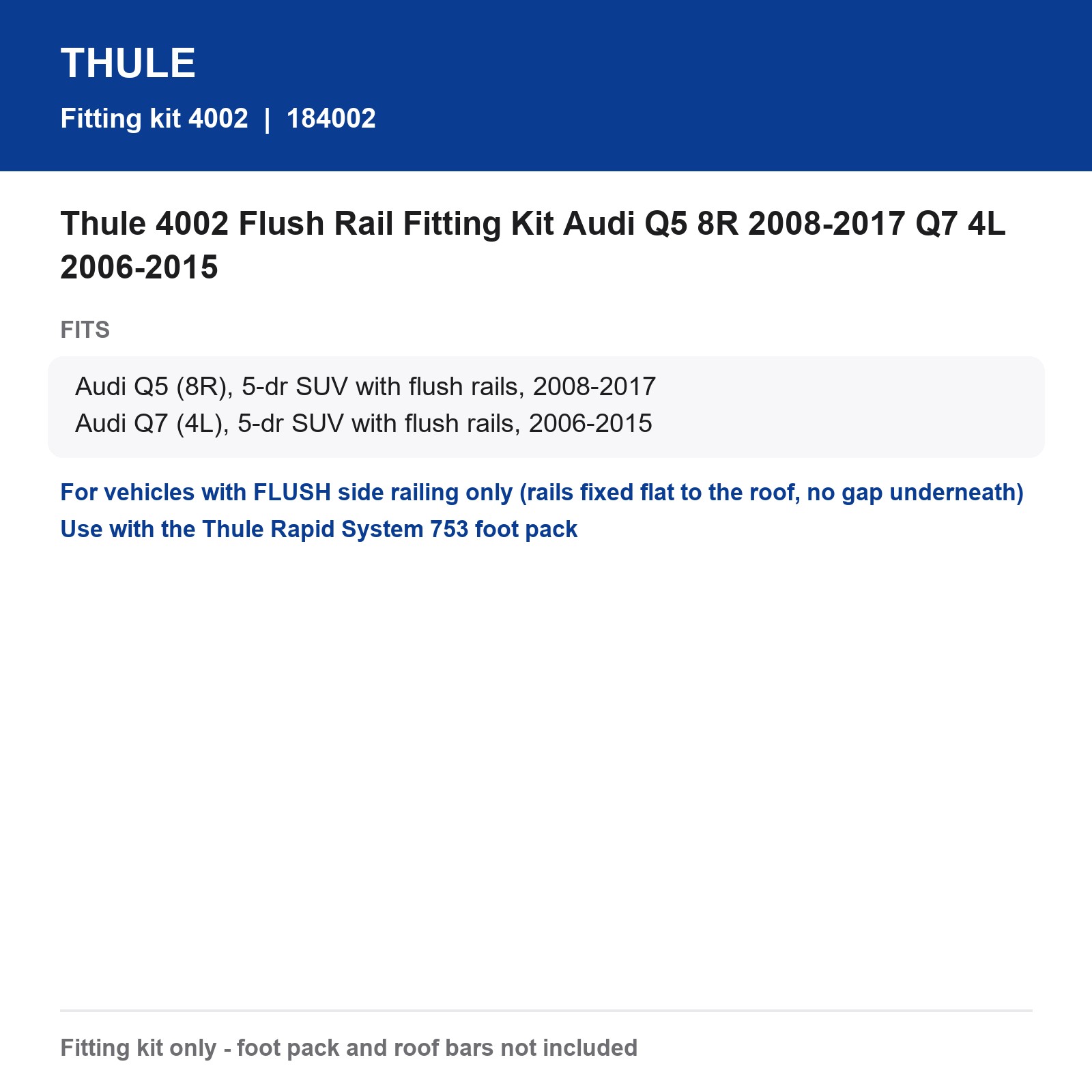 Thule 4002 Flush Rail Fitting Kit Audi Q5 8R 2008-2017 Q7 4L 2006-2015