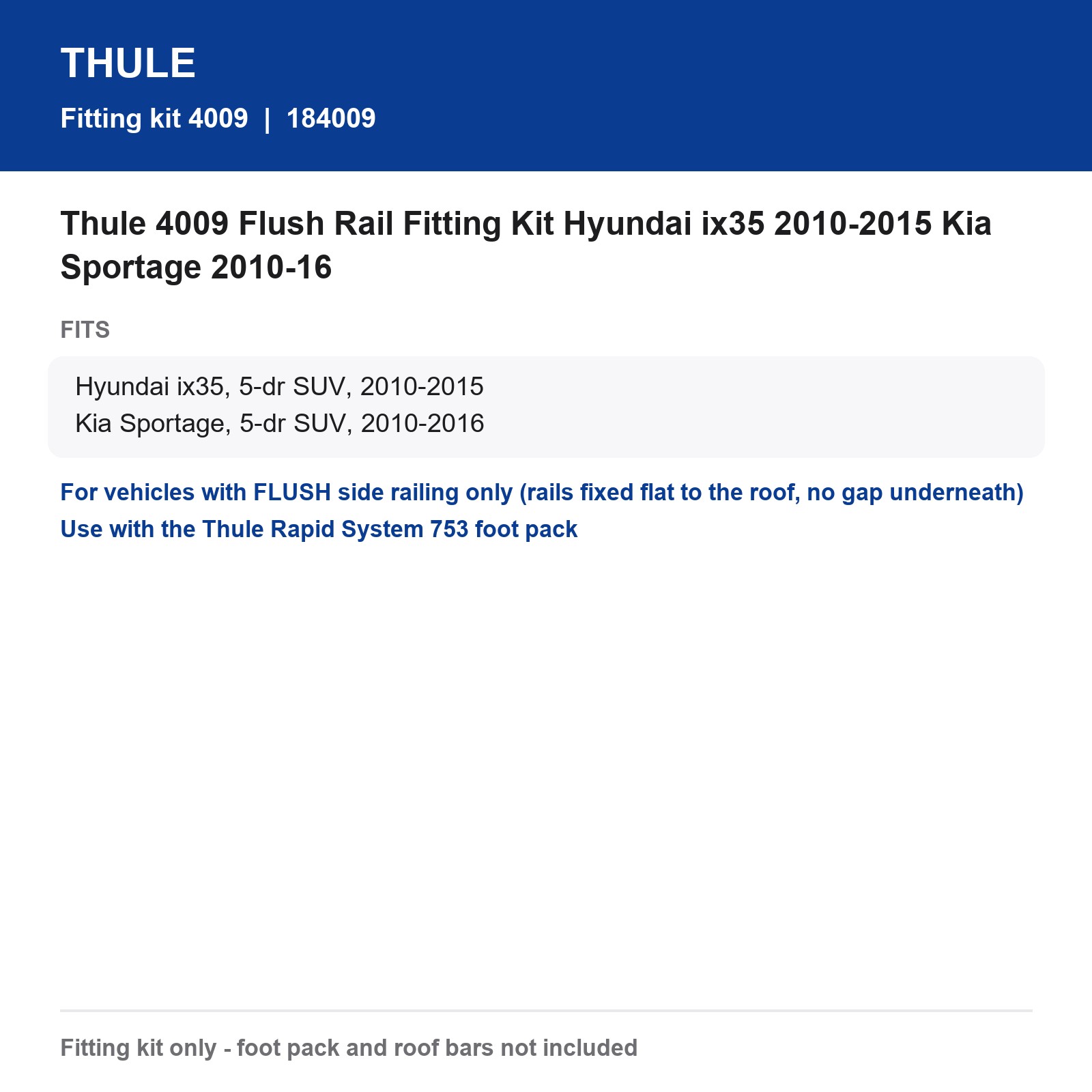 Thule 4009 Flush Rail Fitting Kit Hyundai ix35 2010-2015 Kia Sportage 2010-16
