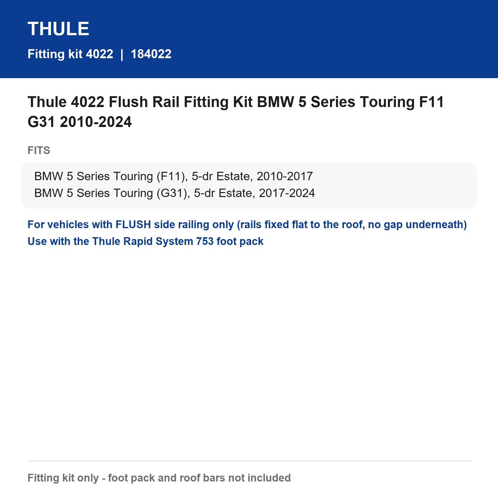 Thule 4022 Flush Rail Fitting Kit BMW 5 Series Touring F11 G31 2010-2024