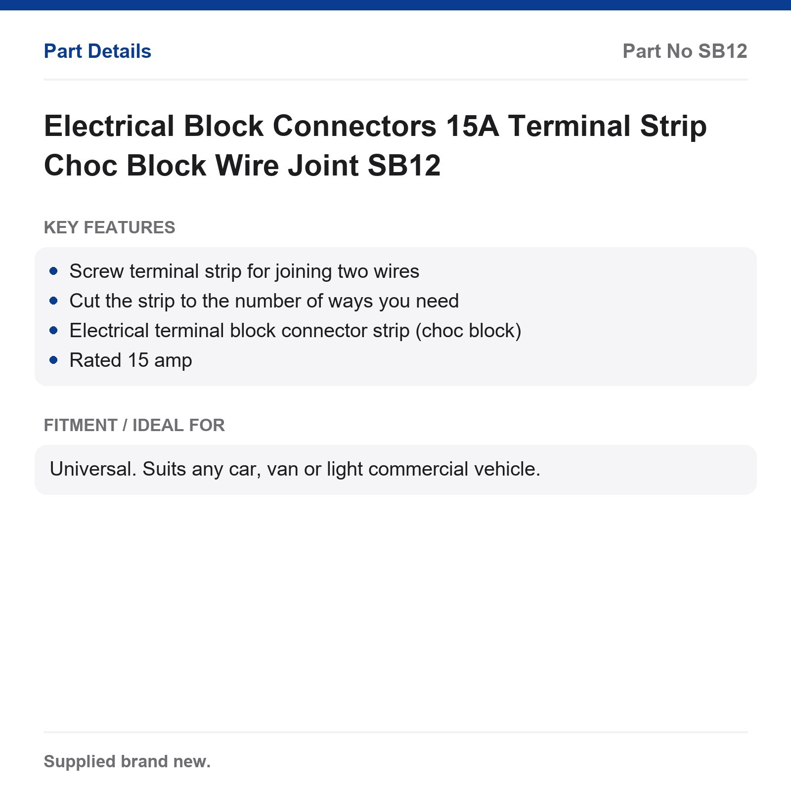 Electrical Block Connectors 15A Terminal Strip Choc Block Wire Joint SB12