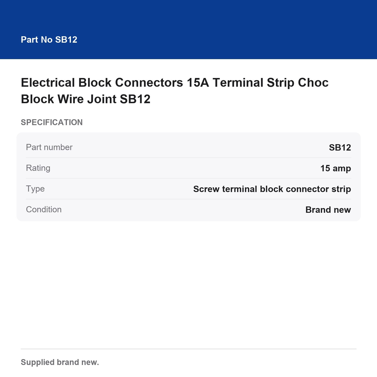 Electrical Block Connectors 15A Terminal Strip Choc Block Wire Joint SB12